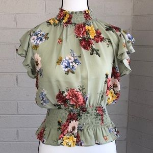 Shinestar Floral Mint Green Mock Neck Ruffle Blouse, M